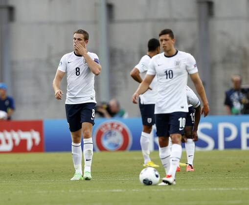England s Jordan Henderson looks on dejected after going 1-0 down - England U21 vs Norway U21 - UEFA U21 Championship 2013 - Ha Moshava Stadium - Petah Tikva - Israel - 08 06 2013 - Pic David Klein Sportimage EDITORIAL USE ONLY. No use with unauthorised audio, video, data, fixture lists, club league logos or live services. Online in-match use limited to 120 images, no video emulation. No use in betting, games or single club league player publications.