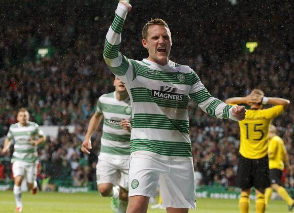 31.07.2013 Glasgow, Scotland. Kris Commons celebrates his goal during the UEFA Champions League Qualifying Third Round tie between Celtic Glasgow and IF Elsborg from Parkhead. xVagelisxGeorgarioux  ActionPlus11434347
