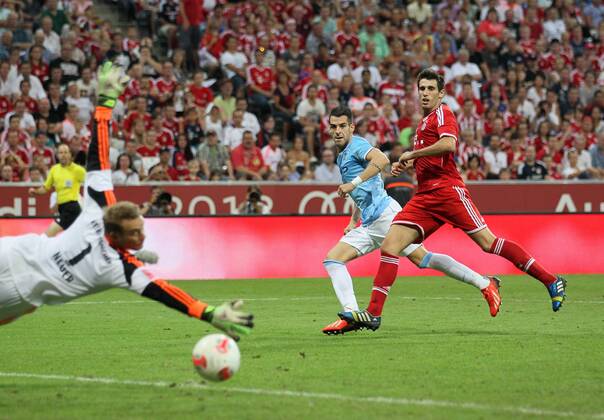 Manchester City s Alvaro Negredo scoring his sides opening goal Bayern Munich v Manchester City - Audi Cup - Allianz Arena - Munich - Germany -01 08 2013 - Pic David Klein Sportimage EDITORIAL USE ONLY. No use with unauthorised audio, video, data, fixture lists, club league logos or live services. Online in-match use limited to 120 images, no video emulation. No use in betting, games or single club league player publications.