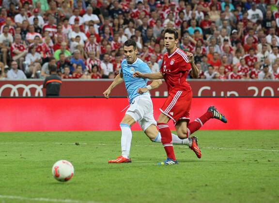 Manchester City s Alvaro Negredo scoring his sides opening goal Bayern Munich v Manchester City - Audi Cup - Allianz Arena - Munich - Germany -01 08 2013 - Pic David Klein Sportimage EDITORIAL USE ONLY. No use with unauthorised audio, video, data, fixture lists, club league logos or live services. Online in-match use limited to 120 images, no video emulation. No use in betting, games or single club league player publications.
