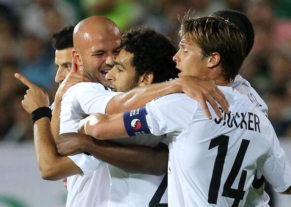 21.08.2013 Sofia(Bulgaria) PFC Ludogorets-FC Basel Razgrad UEFA Champion League play off men s football Arlind Ajeti (L) with Mohamed Salah(C) with Valentin Stocker(R) FC Basel celebration 