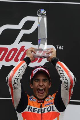 Winner of MotoGP class Marc Marquez of Spain celebrates his victory at the Motorcycle Grand Prix of the Czech Republic at the Masaryk circuit in Brno, Czech Republic, Sunday, Aug. 25, 2013. (CTKxPhoto VaclavxSalek) CTKPhotoP201308250263501  sal 25