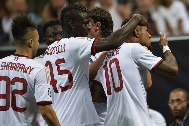 Esultanza dopo il gol di Kevin Prince Boateng Milan 1-0 con Stephan El Shaarawy e Mario Balotelli Goal celebration Milano 28-08-2013 Stadio Giuseppe Meazza Football Calcio Champions League Play-Offs AC Milan - Psv Eindhoven andreaxstaccioli