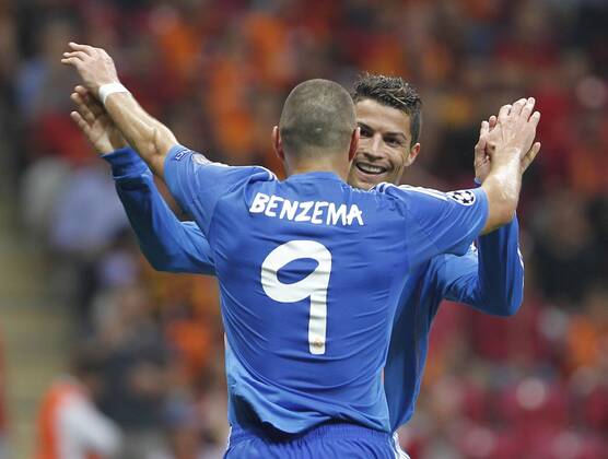 Champions League match played between Real Madrid and Galatasaray Istanbul. In this picture, Cristiano Ronaldo celebrates a goal for Real Madrid with Karim Benzema. xBEATRIZxGUZMANx