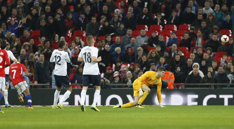 Chile s Alexis Sanchez scoring his sides second goal - England v Chile - International Friendly - Wembley Stadium - London - England -15 11 2013 - Pic David Klein Sportimage EDITORIAL USE ONLY. No use with unauthorised audio, video, data, fixture lists, club league logos or live services. Online in-match use limited to 120 images, no video emulation. No use in betting, games or single club league player publications.