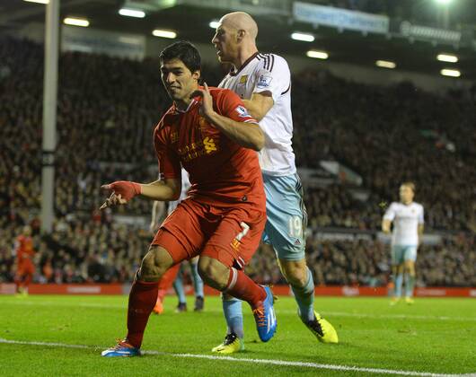 Luis Suarez of Liverpool celebrates the third goal - Barclays Premier League - Liverpool vs West Ham Utd - Anfield Stadium - Liverpool - England - 7th December 2013 - Picture Simon Bellis Sportimage EDITORIAL USE ONLY. No use with unauthorised audio, video, data, fixture lists, club league logos or live services. Online in-match use limited to 120 images, no video emulation. No use in betting, games or single club league player publications.