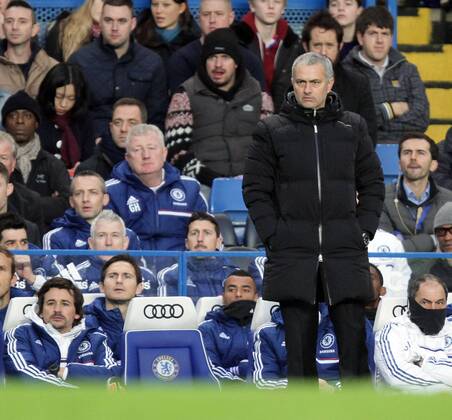 Chelsea FC London v Crystal Palace . . London, UK . . 14.12.2013 Ashley Cole (C) on the bench beside Frank Lampard (C) and behind Jose Mourinho (Chelsea manager).
