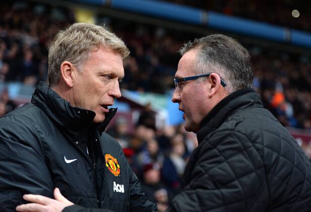 David Moyes manager of Manchester United greets Paul Lambert manager of Aston Villa - Barclays Premier League - Aston Villa vs Manchester United (ManU) - Villa Park Stadium - Birmingham - England - 15th December 2013 - Picture SimonxBellis Sportimage EDITORIAL USE ONLY. No use with unauthorised audio, video, data, fixture lists, club league logos or live services. Online in-match use limited to 120 images, no video emulation. No use in betting, games or single club league player publications.