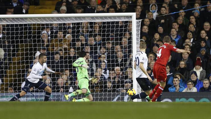 Liverpool s Jordan Henderson scoring his sides second goal Tottenham Hotspur vs Liverpool FC - Premier League - White Hart Lane - London - England - 15 12 2013 - Pic DavidxKlein Sportimage EDITORIAL USE ONLY. No use with unauthorised audio, video, data, fixture lists, club league logos or live services. Online in-match use limited to 120 images, no video emulation. No use in betting, games or single club league player publications.