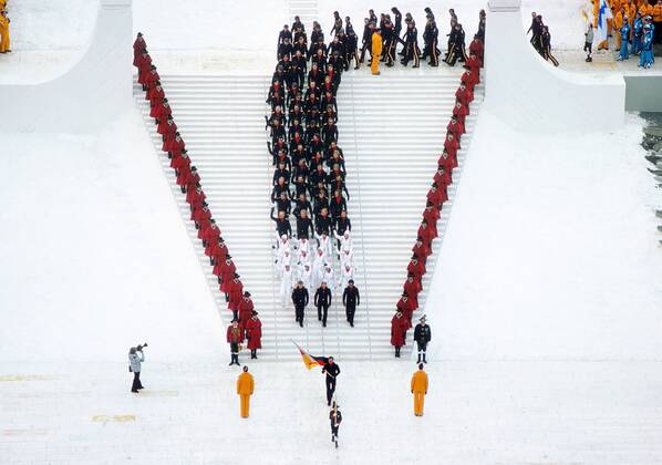 Opening Ceremony - 1976 Innsbruck Winter Olympics Wolfgang Zimmerer is the flag-bearer leading the West Germany team at the Bergiselschanze, Bergisel, Innsbruck, Austria. 04 02 1976 