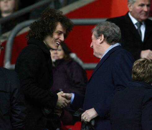Football - 2013 2014 Premier League - Southampton vs. Chelsea England Manager Roy Hodgson shakes hands with David Luiz of Chelsea before taking his seat at St Mary s Stadium Southampton Colorsport Shaun Boggust