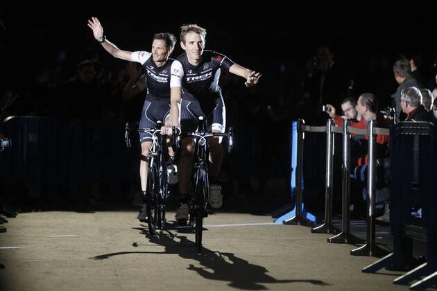 Andy Schleck (Luxemburg Team Trek Factory Racing) and Frank Schleck (Luxembourg Team Trek Factory Racing) CYCLISME : Conference de Presse - Equipe Trek - Roubaix - 10 01 2014 PHOTONEWS PANORAMIC 