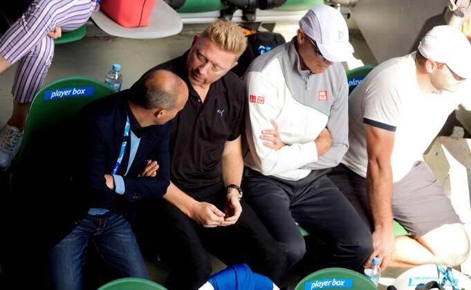 TENNIS - ATP, Australian Open 2014 MELBOURNE,AUSTRALIEN,19.JAN.14 - TENNIS - ATP Tennis Herren World Tour, Grand Slam, Australian Open. Bild zeigt Edoardo Artaldi, Boris Becker, Gebhard Gritsch und Miljan Mladenovic.