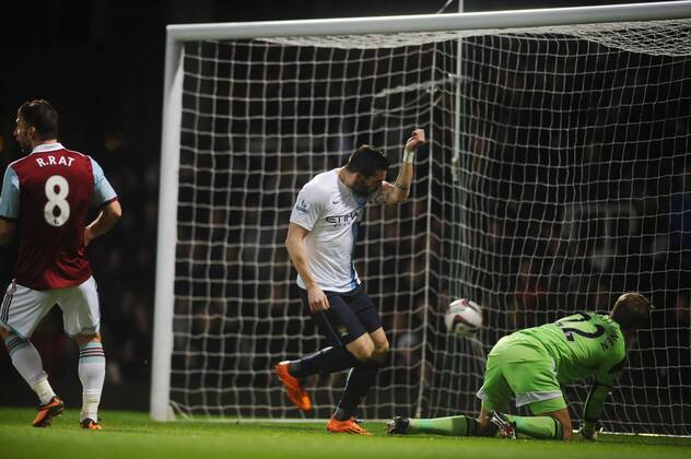 Football - 2013 2014 Capital One League Cup - Semi-Final: West Ham United vs. Manchester City Man City s Alvaro Negredo scores goal no 1 at Upton Park. COLORSPORT ANDREW COWIE