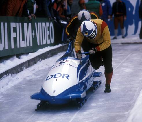 Bob Weltmeisterschaft in Königssee: Wolfgang Hoppe und Dietmar Schauerhammer (DDR) beim Start
