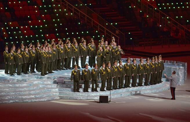Members of the Russian Ministry of Internal Affairs choir perform a version of Daft Punk s Get Lucky before the Opening Ceremony of the Sochi 2014 Winter Olympics on February 7, 2014 in Sochi, Russia.  OLY20140207545