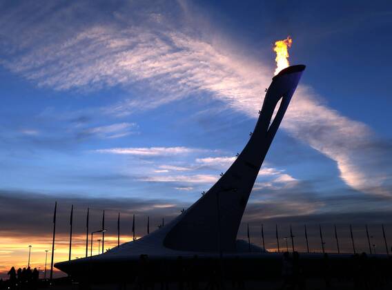 Feb. 13, 2014 - Sochi, Krasnodar Krai, Russia - The Olympic flame burns bright as the sun sets during the 2014 Sochi Winter Olympics on February 13 in Sochi, Russia. Olympic Flame - Sochi 2014.. - ZUMAa35