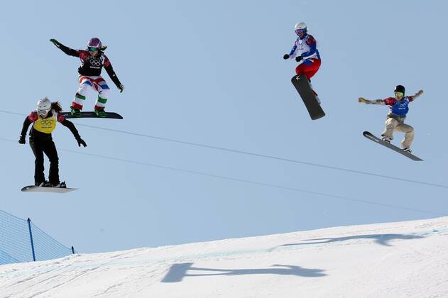 Feb. 16, 2014 - Sochi, RUS - Alexandra Jekova of Bulgaria (left to right), Michela Moioli of Italy, Chloe Trespeuch of France and Fay Gulini of the USA compete during the women s snowboard cross final at the Rosa Khutor Extreme Park during the Winter Olympics in Sochi, Russia, Sunday, Feb. 16, 2014. Women s Snowboard Cross - ZUMAm67