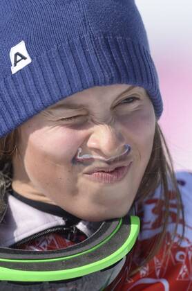 Feb. 16, 2014 - Sochi, RUS - Czech Republic Eva Samkova celebrates her win in the women s snowboard cross final at the Rosa Khutor Extreme Park during the Winter Olympics in Sochi, Russia, Sunday, Feb. 16, 2014. Women s Snowboard Cross - ZUMAm67