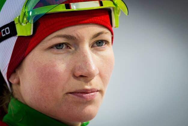 Sotschi , Biathlon- und Langlaufzentrum Laura , Biathlon Massenstart Frauen 12,5km im Bild: Darya Domracheva (Weißrussland)