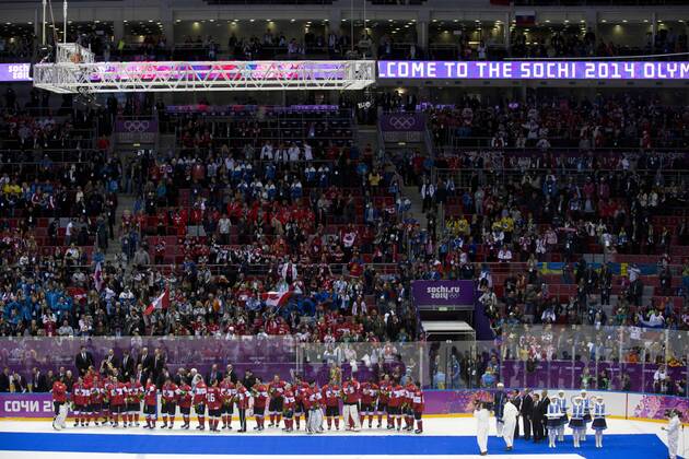 Feb. 23, 2014 - Sochi, Russia - Members of the Canadian team wear their gold medals during the award ceremony in Mens gold medal game at the Bolshoy Ice Dome during the Sochi 2014 Winter Olympic in Sochi, Russia. Men s Hockey - Wins Gold - Sochi 2014 - ZUMAj89