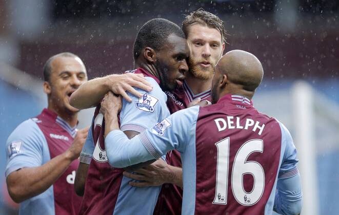 Christian Benteke of Aston Villa celebrates scoring the second goal of the game for his side -Footballl - Barclays Premier League - Aston Villa vs Norwich City - Villa Park Birmingham - Season 2013 14 - 2nd March 2014 EDITORIAL USE ONLY. No use with unauthorised audio, video, data, fixture lists, club league logos or live services. Online in-match use limited to 120 images, no video emulation. No use in betting, games or single club league player publications.