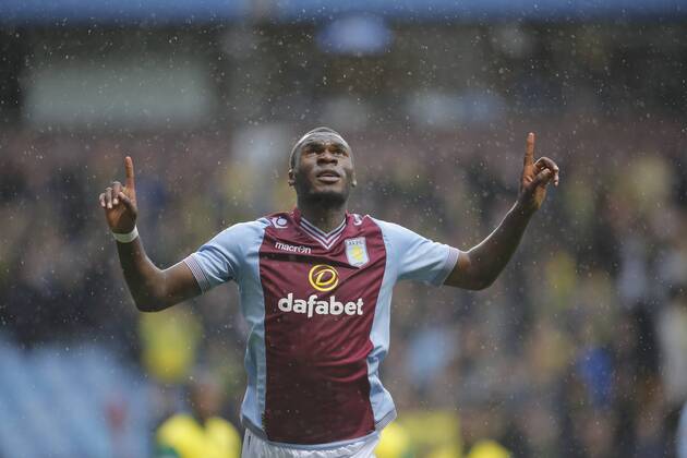Christian Benteke of Aston Villa celebrates scoring the first goal of the game for his side -Footballl - Barclays Premier League - Aston Villa vs Norwich City - Villa Park Birmingham - Season 2013 14 - 2nd March 2014 EDITORIAL USE ONLY. No use with unauthorised audio, video, data, fixture lists, club league logos or live services. Online in-match use limited to 120 images, no video emulation. No use in betting, games or single club league player publications.