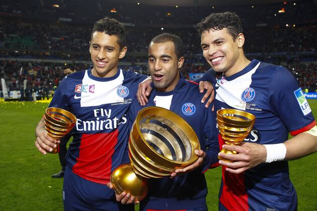 Marquinhos Lucas Moura Thiago Silva (PSG) FOOTBALL : Olympique Lyon vs Paris St Germain (PSG) - Finale Coupe de la Ligue - 19 04 2014 GwendolineLeGoff 