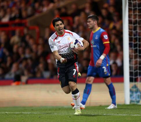 Liverpool s Luis Suarez celebrates scoring his sides third goal Crystal Palace vs FC Liverpool - Barclays Premier League - Selhurst Park - London - UK - 05 05 2014 - EDITORIAL USE ONLY. No use with unauthorised audio, video, data, fixture lists, club league logos or live services. Online in-match use limited to 120 images, no video emulation. No use in betting, games or single club league player publications.