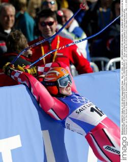 Feb. 17, 2002 - U.S. - KRT SPORTS STORY SLUGGED: OLY-ALPINE KRT PHOTOGRAPH BY RON JENKINS FORT WORTH STAR-TELEGRAM (DALLAS OUT) (February 17) SNOWBASIN, UT-- Silver medalist Janica Kostelic of Croatia celebrates after finishing her run in the Women s Super-G event at Snowbasin, Utah Sunday February 17, 2002. (FT) BL NC KD 2002 (Vert) (lde) News Archive - Feb. 17, 2002 - ZUMAm67