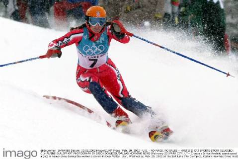 Feb. 20, 2002 - U.S. - NO MAGS, NO SALES -- (KRT102) KRT SPORTS STORY SLUGGED: OLY-ALPINE-SLALOM KRT PHOTOGRAPH BY ERICH SCHLEGEL DALLAS MORNING NEWS (February 20) PARK CITY, UT-- Croatia s Janica Kostelic speeds past a gate in heavy snow during the women s slalom in Deer Valley, Utah, Wednesday, Feb. 20, 2002 at the Salt Lake City Olympics. Kostelic now has three medals in the Salt Lake Games, two gold medals and one silver in alpine skiing events.(DA) AP NC KD BL 2002 (Horiz) (lde) (Additional photos available on KRT Direct, KRT NewsCom or upon request) News Archive - Feb. 20, 2002 - ZUMAm67