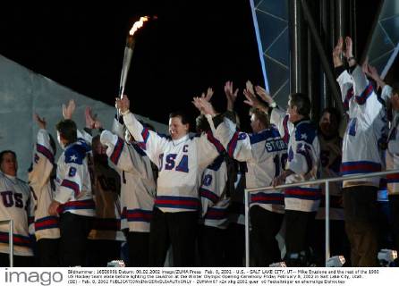 Feb. 8, 2002 - U.S. - SALT LAKE CITY, UT-- Mike Eruzione and the rest of the 1980 US Hockey team elate before lighting the cauldron at the Winter Olympic Opening Ceremony Friday February 8, 2002 in Salt Lake City, Utah. (SE) - Feb. 8, 2002 - ZUMAm67