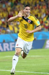 (140624) -- CUIABA, June 24, 2014 (Xinhua) -- Colombia s James Rodriguez celebrates the goal during a Group C match between Japan and Colombia of 2014 FIFA World Cup at the Arena Pantanal Stadium in Cuiaba, Brazil, June 24, 2014. (Xinhua Li Ming) (SP)BRAZIL-CUIABA-WORLD CUP 2014-GROUP C-JAPAN VS COLOMBIA 