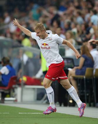 SOCCER - CL, RBS vs Qarabag SALZBURG,AUSTRIA,06.AUG.14 - SOCCER - UEFA Champions League, qualifying, Red Bull Salzburg vs Qarabag Agdam FK. Image shows the rejoicing of Martin Hinteregger (RBS).