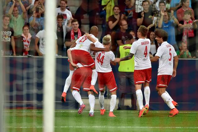 SOCCER - CL, RBS vs Qarabag SALZBURG,AUSTRIA,06.AUG.14 - SOCCER - UEFA Champions League, qualifying, Red Bull Salzburg vs Qarabag Agdam FK. Image shows the rejoicing of RBS.