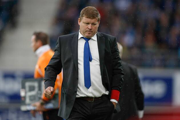 20140817 - GENT, BELGIUM: Gent s head coach Hein Vanhaezebrouck celebrates during the Jupiler Pro League match between KAA Gent and Zulte Waregem, in Gent, Sunday 17 August 2014, on day 4 of the Belgian soccer championship. BRUNOxFAHY 04280278