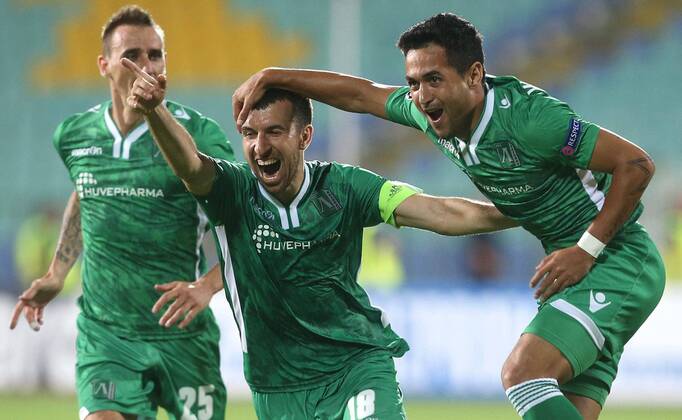 Sofia - PFC Ludogorets Razgrad FC Steaua Bukarest - UEFA play off champions league men s football Wanderson(r) with Svetoslav Dyakov (L) PFC Ludogorets celebrate goal in 90 minute of the match 