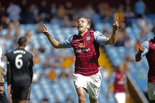 Andreas Weimann of Aston Villa celebrates scoring the second goal of the game - Football - Aston Villa v Hull City - Barclays Premiership - Villa Park Birmingham - Season 14 15 - 31 8 14 - EDITORIAL USE ONLY. No use with unauthorised audio, video, data, fixture lists, club league logos or live services. Online in-match use limited to 120 images, no video emulation. No use in betting, games or single club league player publications.