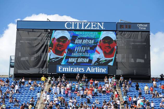 TENNIS - ATP, US Open 2014 NEW YORK CITY,NEW YORK, USA,07.SEP.14 - TENNIS - ATP Tennis Herren World Tour, US Open 2014, Grand Slam, Flushing Meadows, doubles, final. Image shows a Bob Bryan and Mike Bryan Banner . TennisMagazine Panoramic