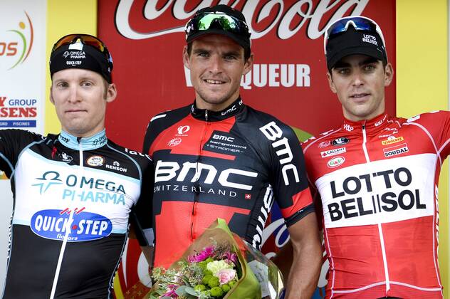 - NAMUR, BELGIUM: Belgian Jan Bakelants of team Omega Pharma - Quick Step, Belgian Greg Van Avermaet of BMC Racing Team and French Tony Gallopin of Lotto - Belisol celebrate on the podium after the 54th edition of the Grand Prix de Wallonie one day cycling race, 198,2 km from Chaudfontaine to Namur citadel, Wednesday 17 September 2014. DIRKxWAEM  premiumd 19090225