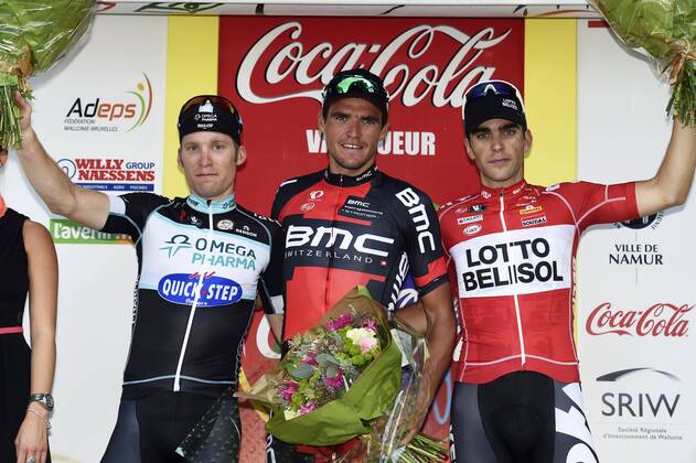 Van Avermaet Greg from BMC - Bakelants Jan of Omega Pharma - Quick-Step - Gallopin Tony of Lotto Belisol at the podium CYCLISME : Grand Prix de Wallonie - Namur - 17 09 2014 PhotoNews Panoramic 