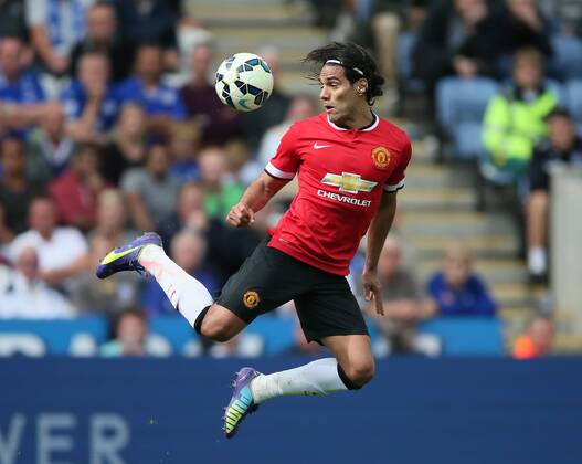 Radamel Falcao of Manchester United in action - Barclays Premier League - Leicester City vs Manchester Utd - King Power Stadium - Leicester - England - 21st September 2014 - Picture Simon Bellis Sportimage EDITORIAL USE ONLY. No use with unauthorised audio, video, data, fixture lists, club league logos or live services. Online in-match use limited to 120 images, no video emulation. No use in betting, games or single club league player publications.