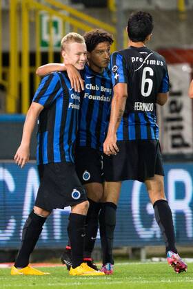 - BRUGGE, BELGIUM: Club s Felipe Gedoz De Conceicao (C) celebrates with his teammates after scoring during a Cofidis Cup 1 16 final game between Club Brugge and Eendracht Aalst (D2), in Brugge, Wednesday 24 September 2014. KURTxDESPLENTER  04336550