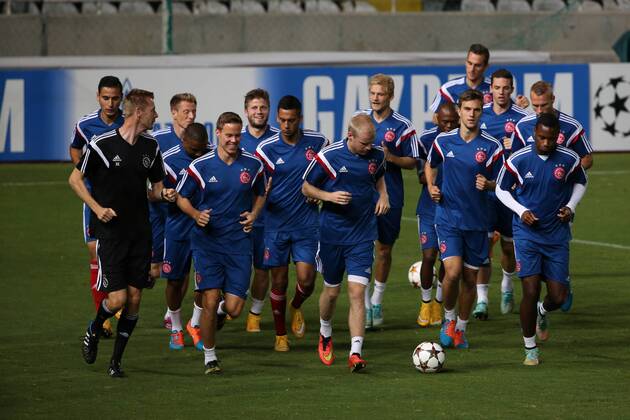 Players of Ajax FC practice before the game against Apoel in Nicosia on Sep 29,2014