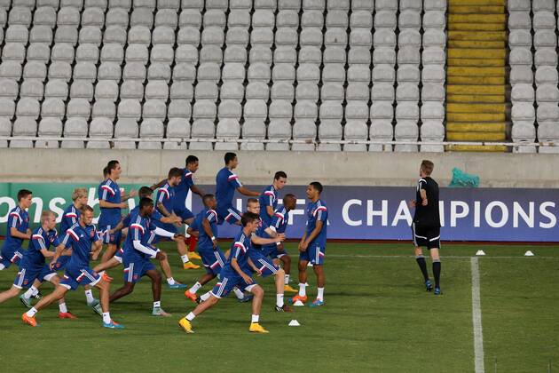 Players of Ajax FC practice before the game against Apoel in Nicosia on Sep 29,2014