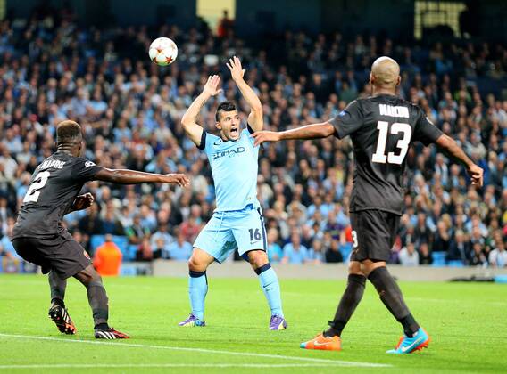 Sergio Aguero of Manchester City claims for handball - UEFA Champions League group E - Manchester City vs Roma - Etihad Stadium - Manchester - England - 30th September 2014 - Picture Simon Bellis Sportimage EDITORIAL USE ONLY. No use with unauthorised audio, video, data, fixture lists, club league logos or live services. Online in-match use limited to 120 images, no video emulation. No use in betting, games or single club league player publications.