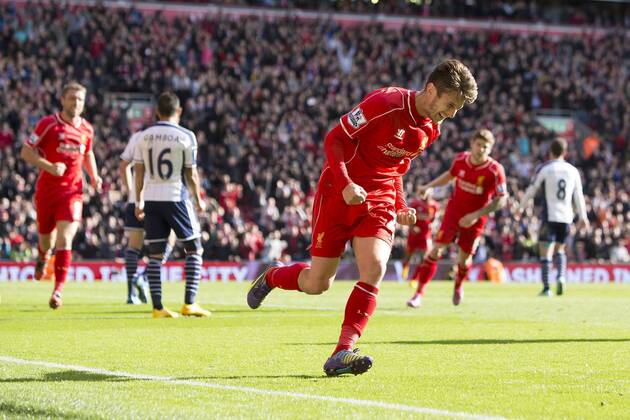 Adam Lallana of Liverpool celebrates his opening goal - Liverpool FC vs. West Bromwich Albion - Barclay s Premier League - Anfield - Liverpool - 04 10 2014 Pic PhilipxOldham Sportimage EDITORIAL USE ONLY. No use with unauthorised audio, video, data, fixture lists, club league logos or live services. Online in-match use limited to 120 images, no video emulation. No use in betting, games or single club league player publications.