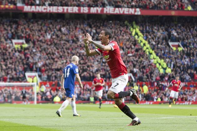 Angel di Maria of Manchester United celebrates his opening goal - Manchester United vs. Everton - Barclay s Premier League - Old Trafford - Manchester - 04 10 2014 Pic Philip Oldham Sportimage EDITORIAL USE ONLY. No use with unauthorised audio, video, data, fixture lists, club league logos or live services. Online in-match use limited to 120 images, no video emulation. No use in betting, games or single club league player publications.