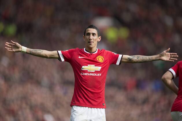 Angel di Maria of Manchester United celebrates his opening goal - Manchester United vs. Everton - Barclay s Premier League - Old Trafford - Manchester - 04 10 2014 Pic Philip Oldham Sportimage EDITORIAL USE ONLY. No use with unauthorised audio, video, data, fixture lists, club league logos or live services. Online in-match use limited to 120 images, no video emulation. No use in betting, games or single club league player publications.