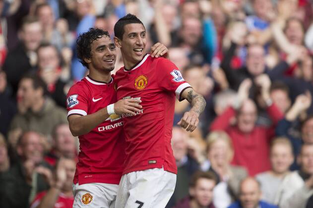 Angel di Maria of Manchester United celebrates his opening goal - Manchester United vs. Everton - Barclay s Premier League - Old Trafford - Manchester - 04 10 2014 Pic Philip Oldham Sportimage EDITORIAL USE ONLY. No use with unauthorised audio, video, data, fixture lists, club league logos or live services. Online in-match use limited to 120 images, no video emulation. No use in betting, games or single club league player publications.